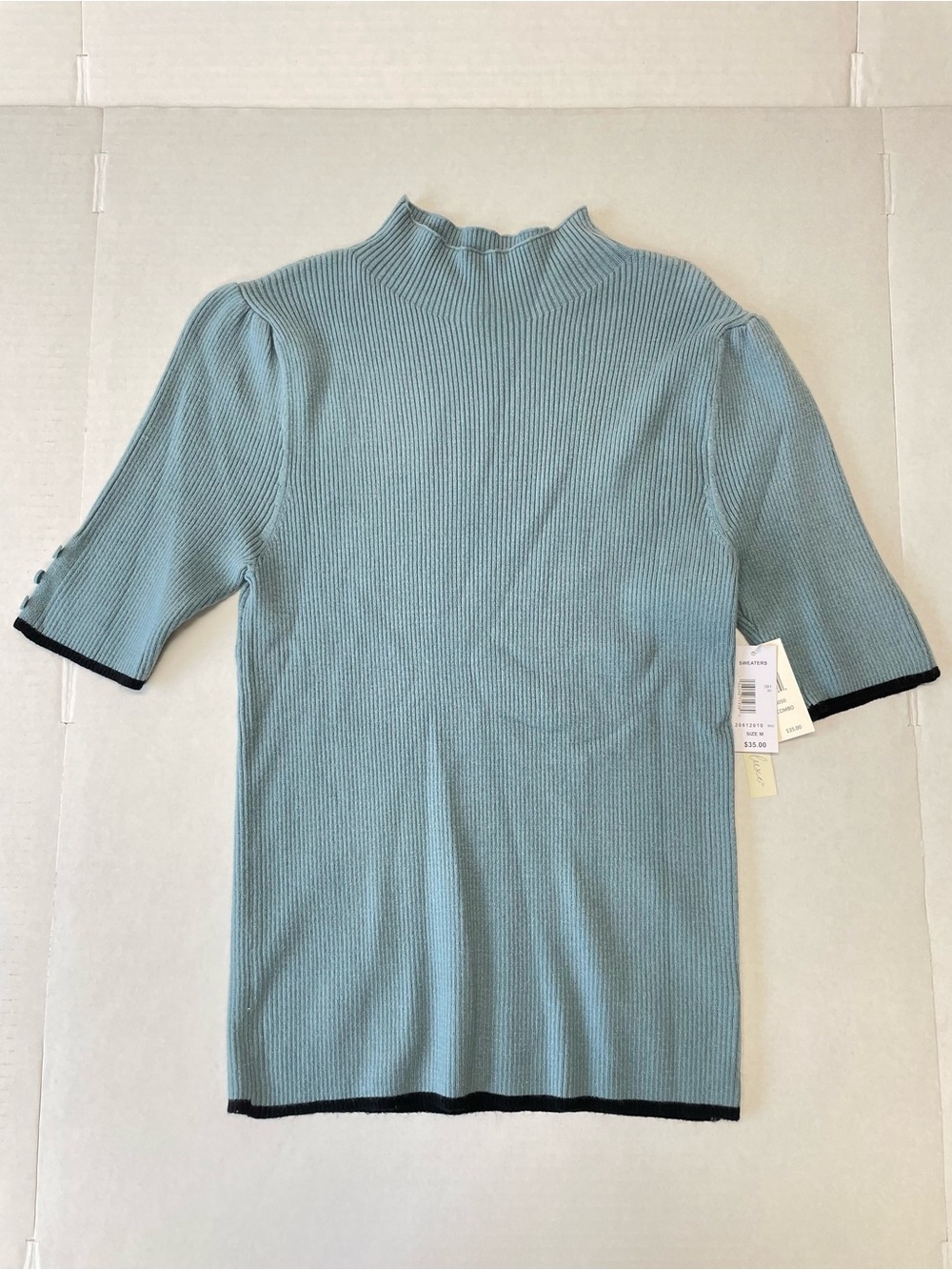NWT Retrology Women’s Medium Sweater Blue Stone Combo Short Sleeve Mock Buttons
